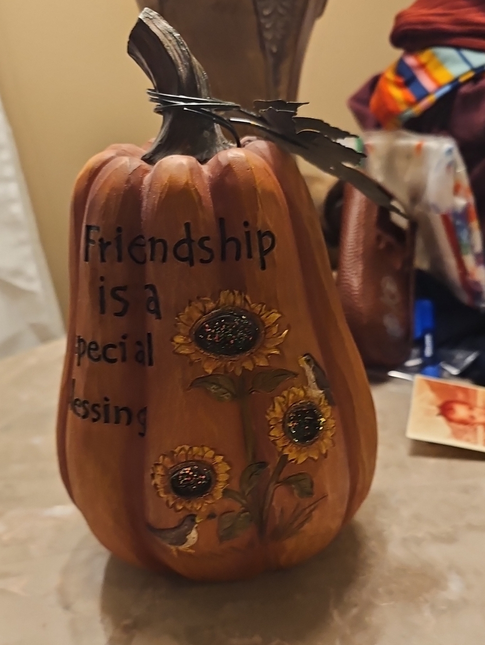 Friendship Is A Special Blessing Pumpkin Accent -Orange Sunflower Decor 15"DX8"h